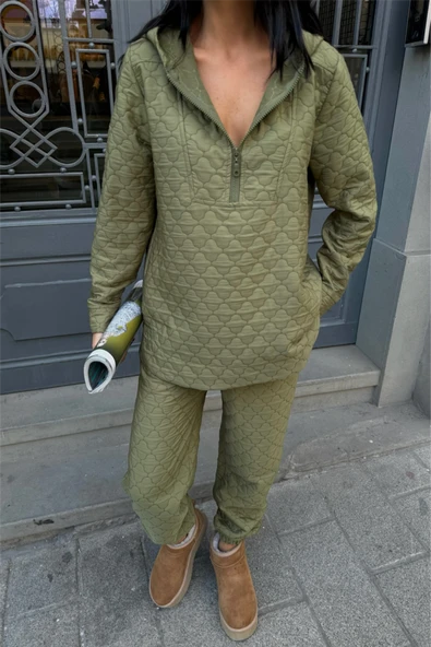 KAPİTONE KAPİŞONLU EŞOFMAN TAKIM - Haki - Resim 3