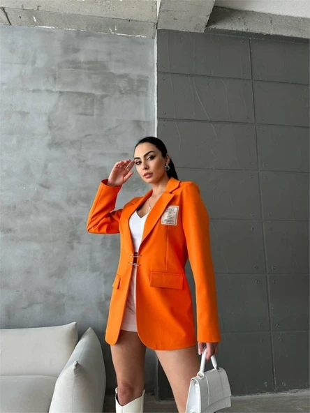 ELLO ETİKETLİ ÇENGELLİ İĞNE DETAYLI CEKET - Orange - Resim 2