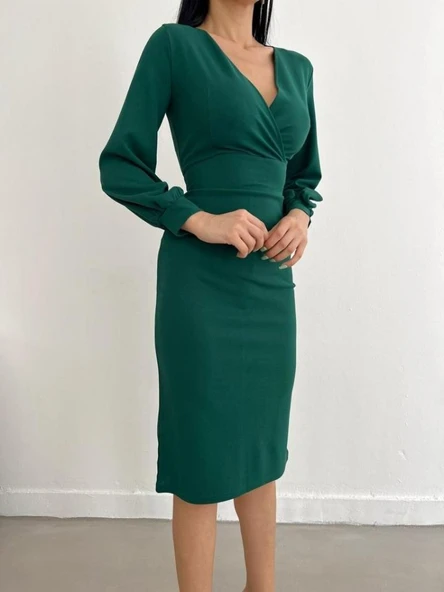 Kadın Kruvaze Yaka Balon Kol Midi Boy Elbise - Resim 2