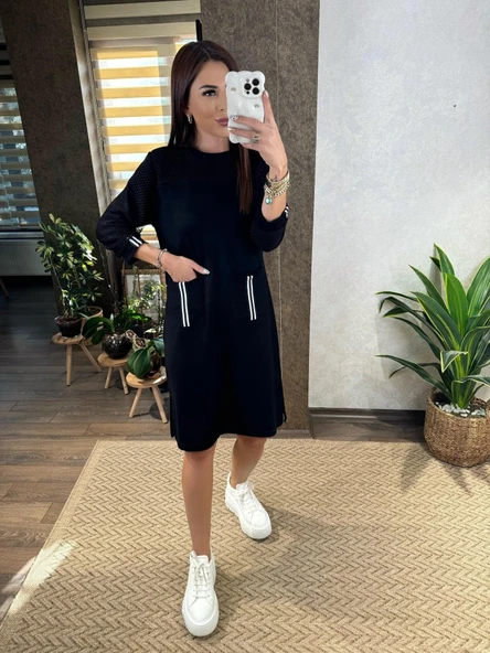 Kadın Viskon Pamuklu Kumaş Kol File , şerit Ve Cep Detaylı Elbise - Resim 8