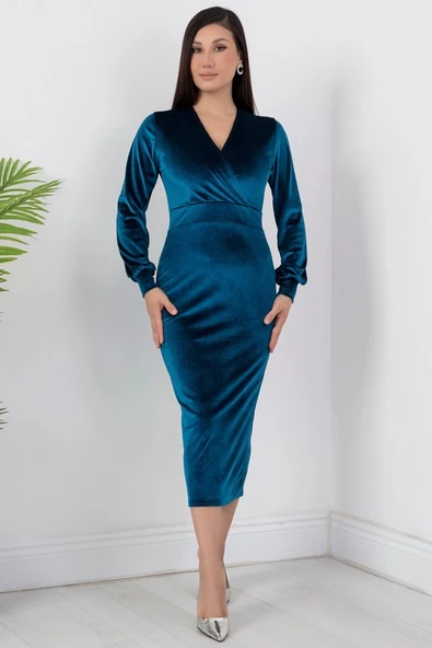 Kadın Kadife Kumaş Manşetli V Yaka Şık Kalem Elbise - Resim 6