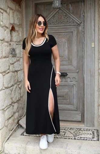 Kadın Yuvarlak Ribana Yaka Beyaz Yırtmaç Detaylı Viskon Tam Boy Elbise - Resim 3