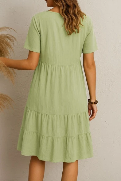 Kadın Kısa Kollu V Yakalı Fırfırlı Bürümcük Elbise - Resim 3