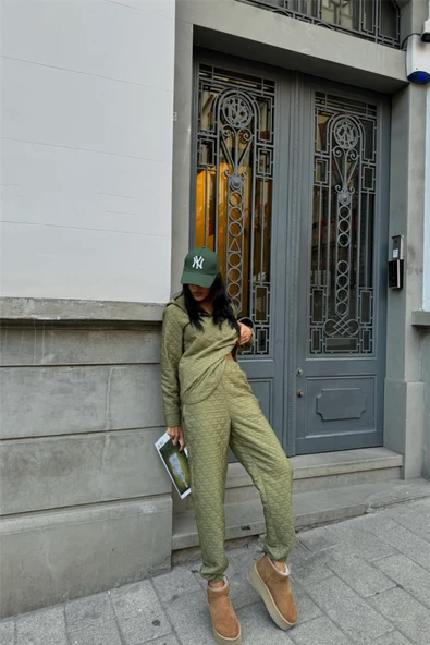 KAPİTONE KAPİŞONLU EŞOFMAN TAKIM - Haki - Resim 2