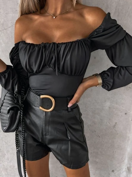 Kadın Uzun Kollu Kare Yaka Göğüs Büzgü Detay Sandy Bluz ürün görseli 1