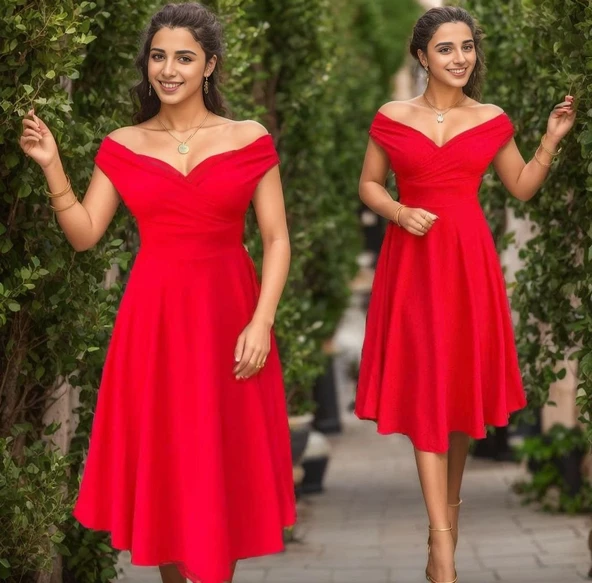 Kadın Kısa Kollu Kruvaze Yaka Eteği Volanlı Krep Elbise - Resim 8