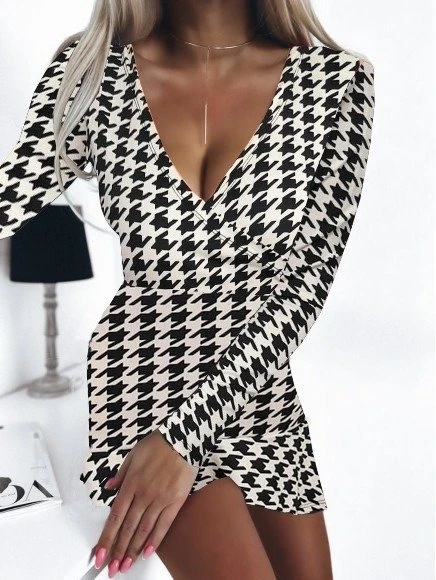 Kadın Uzun Kollu Kruvaze Yaka Kazayağı Mikro Mini Boy Elbise - Resim 2