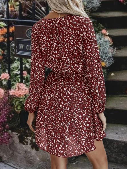 Kadın Uzun Kollu V Yaka Bağcıklı Belden Gipeli çiçek Baskılı Kısa Süprem Elbise - Resim 3