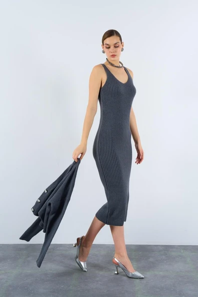 Fitilli Elbise Hırkalı Takım - Füme - Resim 5