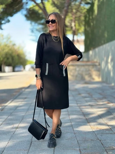 Kadın Viskon Pamuklu Kumaş Kol File , şerit Ve Cep Detaylı Elbise - Resim 3