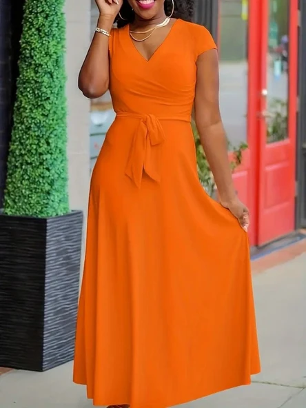 Kadın Kısa Kollu V Yakalı Belden Kuşaklı Maksi Boy Viskon Elbise ürün görseli 1