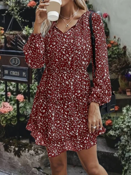 Kadın Uzun Kollu V Yaka Bağcıklı Belden Gipeli çiçek Baskılı Kısa Süprem Elbise - Resim 2