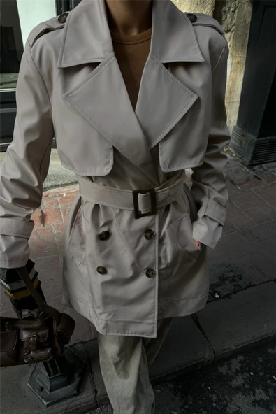 TRENCH KISA ŞANEL BOY - Taş - Resim 3