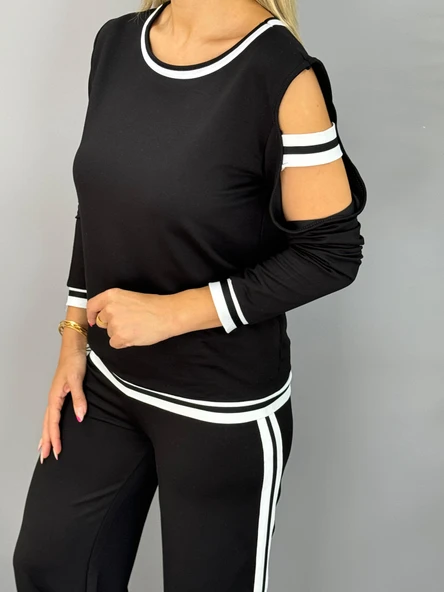 Kadın Iki Iplik Penye Kumaş Kol Detaylı Ribanalı Ikili Takım - Resim 4