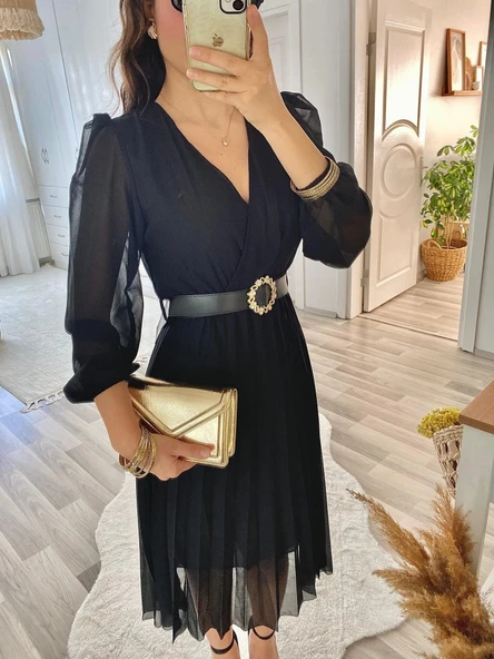 Kadın şifon Kumaş Astalı Kloş Kesim Kruvaze Yaka Midi Boy Elbise - Resim 6