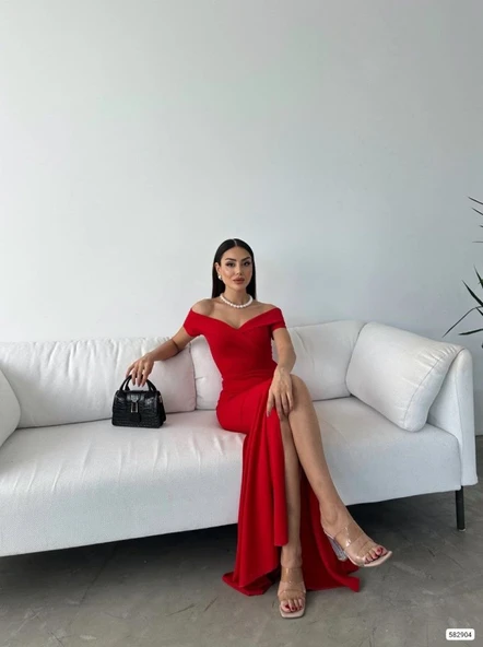 Kadın Dalgıç Kumaş Kayık Yaka Ve Dekolte Detaylı Elbise - Resim 6