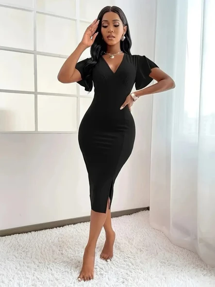 Kadın Kısa Kollu Derin Dekolte V Yakalı Yırtmaçlı Midi Janjan Krep Elbise ürün görseli 1