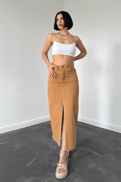 Camel Gabardin Boyamalı Püsküllü Etek ürün görseli 1