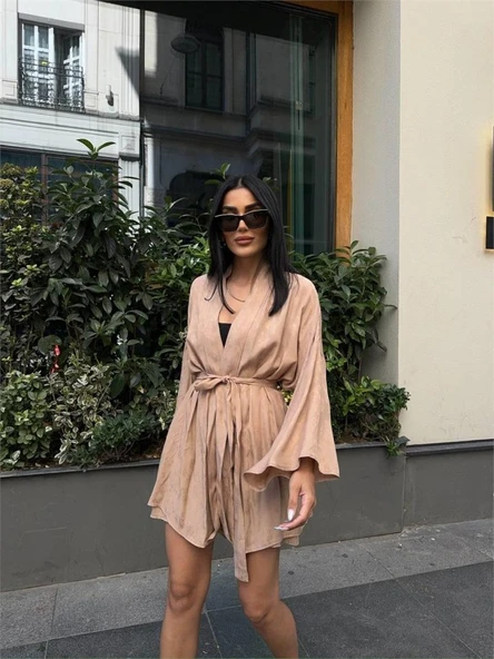 JAKARLI KİMONO - ŞORT TAKIM - Bej - Resim 4