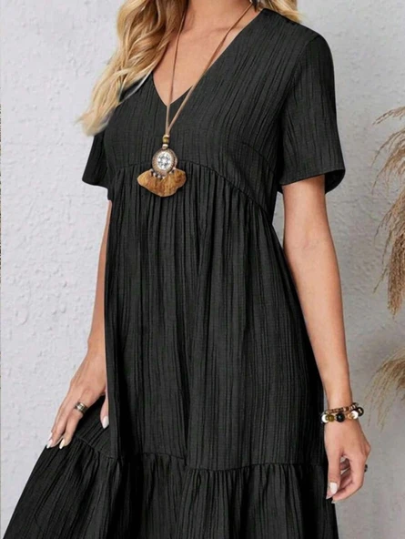 Kadın Kısa Kollu V Yakalı Fırfırlı Bürümcük Elbise ürün görseli 1