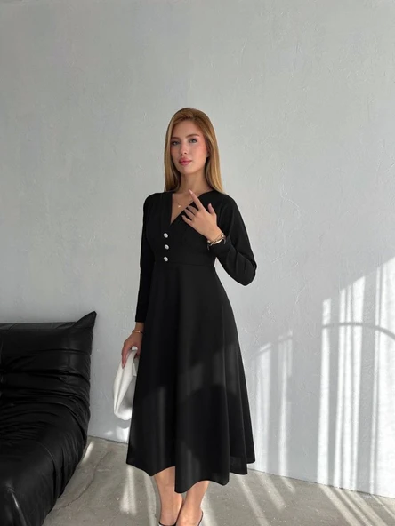 Kadın Krep Kumaş Düğme Detaylı V Yaka Uzun Kollu Midi Boy Elbise - Resim 3