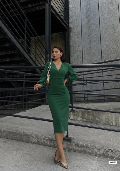 Kadın Kruvaze Yaka Balon Kol Simli Krep Kumaş Midi Boy Elbise - Resim 2