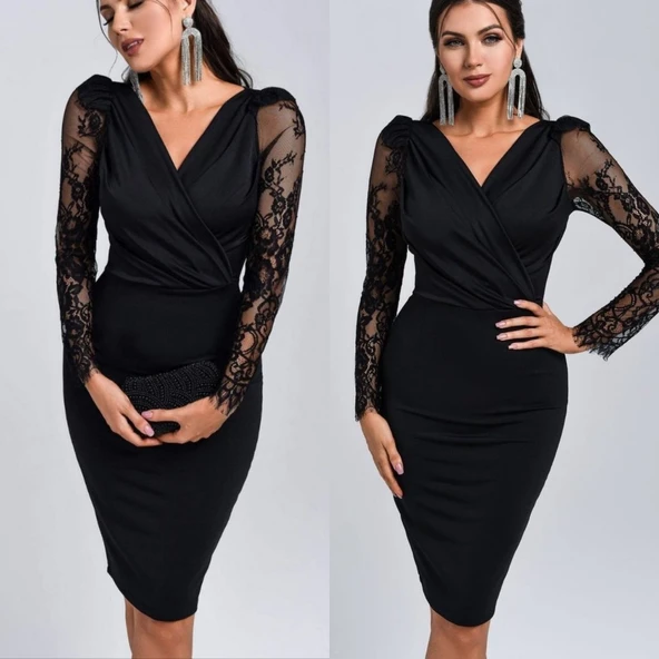 Kadın Uzun Kollu Kruvaze Yaka Kollar Tül Detay Krep Mini Boy Elbise ürün görseli 1