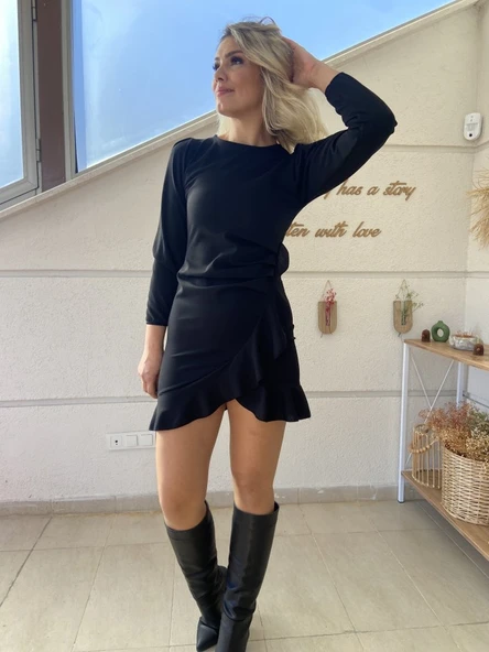 Kadın Uzun Kollu Bisiklet Yaka önden Volanlı Ithal Krep Elbise - Resim 2