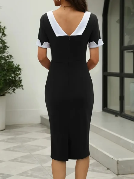 Kadın Kısa Kollu Kayık Yaka Arkadan Yakalı Ithal Krep Elbise - Resim 3
