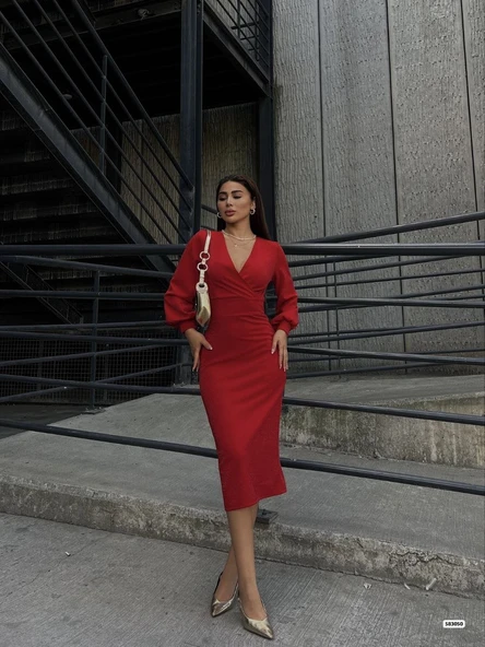 Kadın Kruvaze Yaka Balon Kol Simli Krep Kumaş Midi Boy Elbise - Resim 2