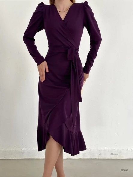 Krep Kumaş Midi Boy Kuşaklı Uzunkol Elbise - Resim 9