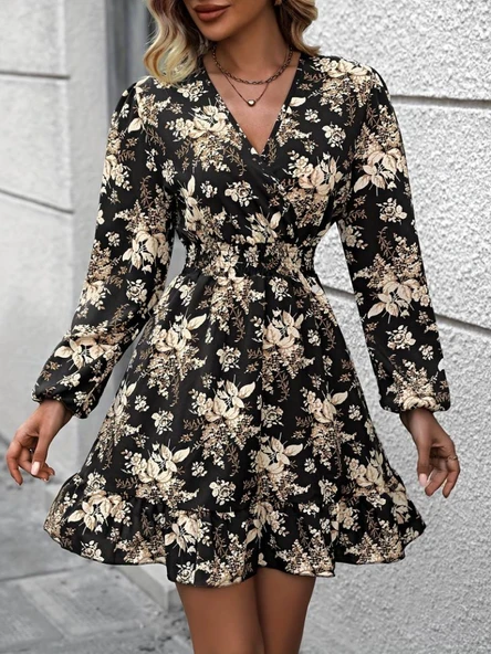 Kadın Uzun Kollu Kruvaze Yaka Beli Gipeli çiçek Desenli Kısa Dalgıç Elbise - Resim 7