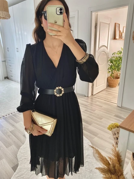 Kadın şifon Kumaş Astalı Kloş Kesim Kruvaze Yaka Midi Boy Elbise ürün görseli 1