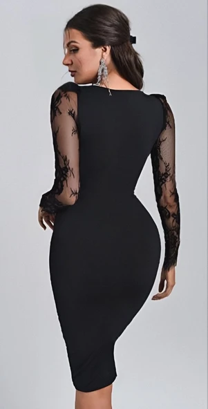 Kadın Uzun Kollu Kruvaze Yaka Kollar Tül Detay Krep Mini Boy Elbise - Resim 4