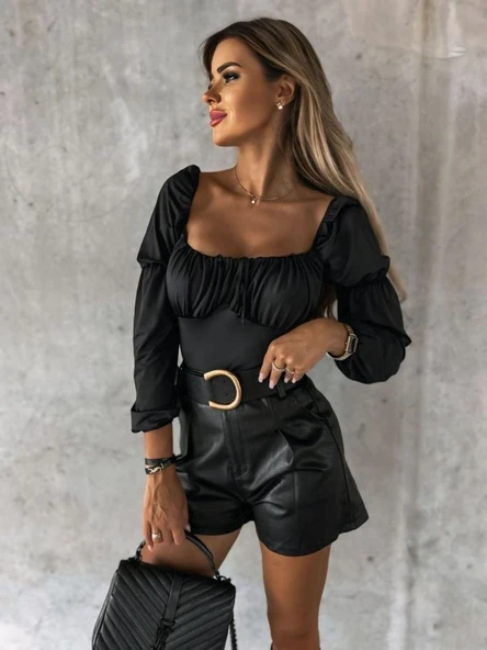 Kadın Uzun Kollu Kare Yaka Göğüs Büzgü Detay Sandy Bluz - Resim 6