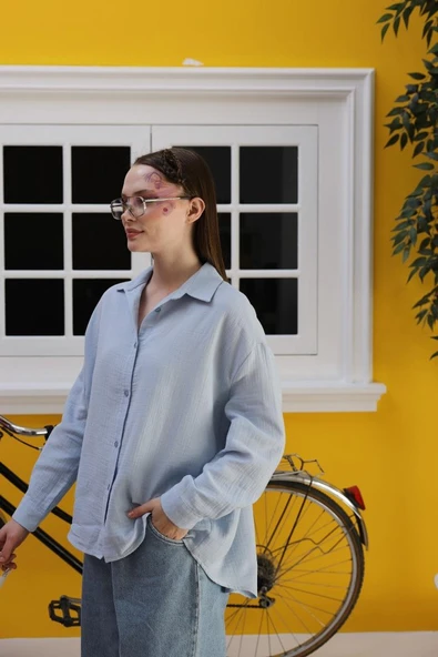 Müslin Uzun Kol Gömlek - Bebe Mavisi - Resim 2