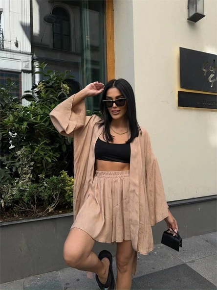 JAKARLI KİMONO - ŞORT TAKIM - Bej - Resim 2