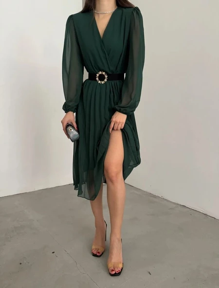 Kadın şifon Kumaş Astalı Kloş Kesim Kruvaze Yaka Midi Boy Elbise - Resim 3