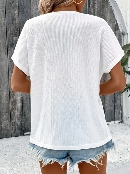 Kadın Kısa Kollu Yakası Açık önden Düğmeli Waffle Bluz - Resim 2