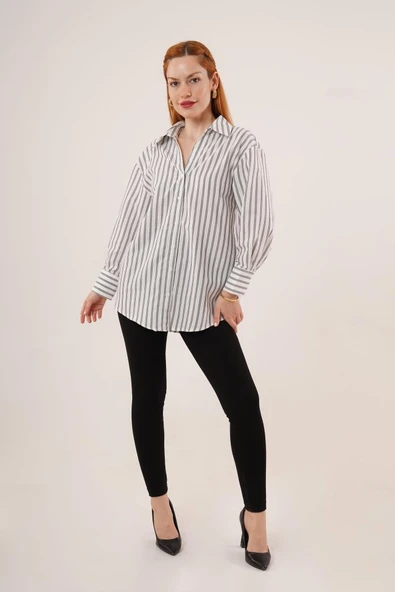 Çift Çizgi Geçişli Düğmeli Gri Gömlek - Resim 3