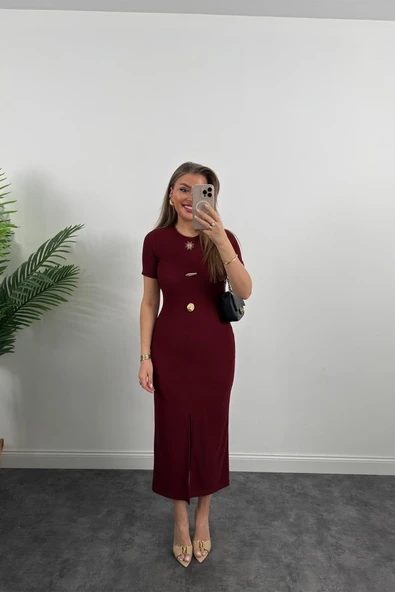 Kadın Ottoman Kumaş Likralı Düğme Tasarımlı Kısa Kol Kalem Elbise - Resim 5