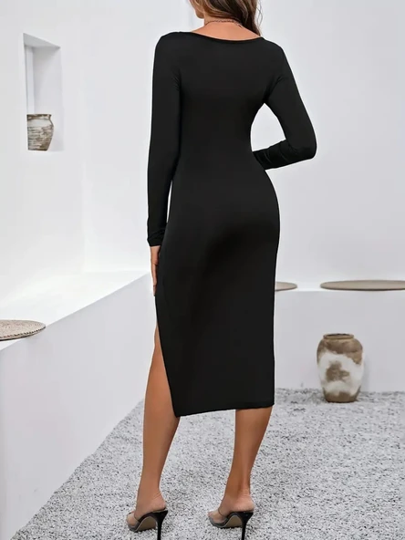 Kadın Uzun Kollu Göğüs Ve Göbek Dekolte Detay Sandy Midi Boy Elbise - Resim 3