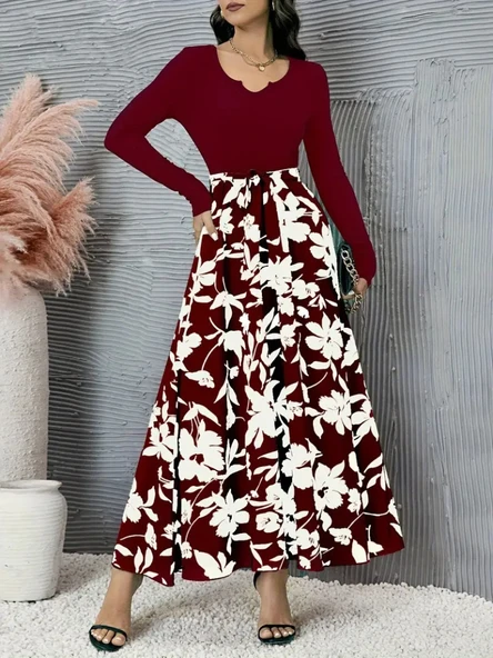 Kadın Uzun Kollu Yaka Açık üst Kaşkorse Beli Kuşaklı Alt çiçek Baskılı Dalgıç Elbise - Resim 2