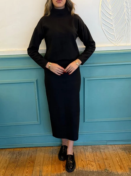 Kadın Uzun Kollu Balıkçı Yaka şardonlu Bluz Etek Takım - Resim 3