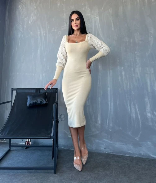 Kadın Kare Yaka Kolları Manşet Ve Tül Detay Fırsat ürün Midi Boy Elbise - Resim 4