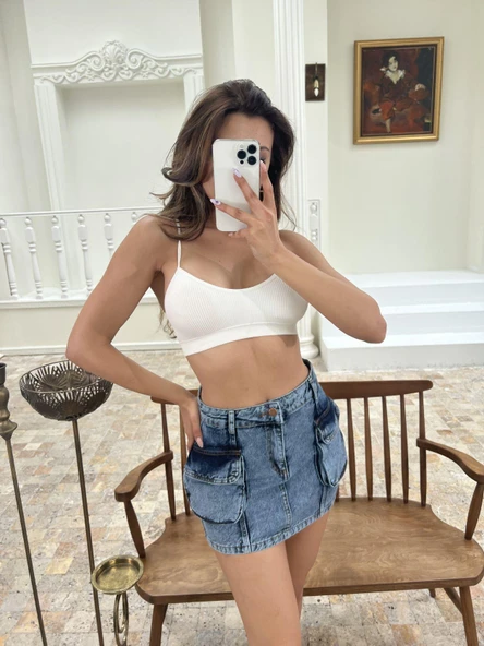 6458 DENİM LOW WAIST SKIRT-MAVİ - Resim 5