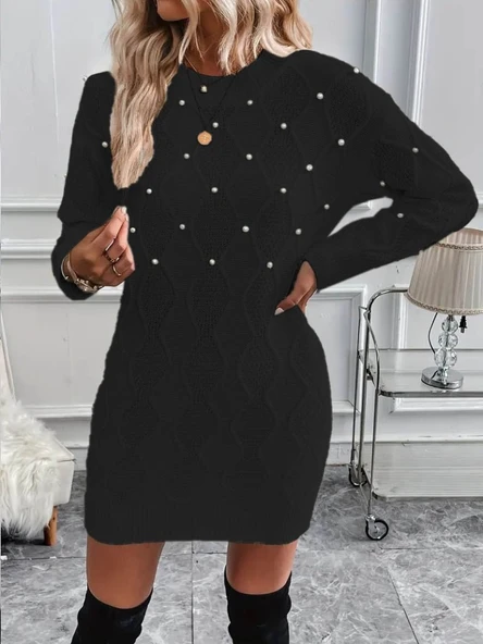 Kadın Uzun Kollu Bisiklet Yaka Desenli Triko Elbise ürün görseli 1