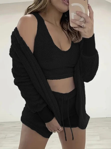 Kadın Uzun Kollu Ceket, Askılı Peluş Bluz Ve şort üçlü Takım ürün görseli 1