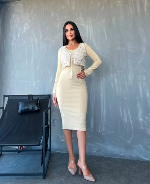 Kadın Bisiklet Yaka Midi Boy Elbise Ve Dantel Güpür Detay Yelek Fırsat ürün Ikili Takım ürün görseli 1