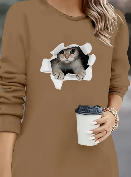 Kadın Uzun Kollu Bisiklet Yaka Kısa Viskon Iki Iplik Elbise - Resim 2